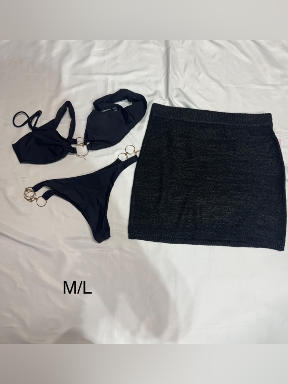 Black Bikini Set with Gold Ring Details + Black Knit Skirt